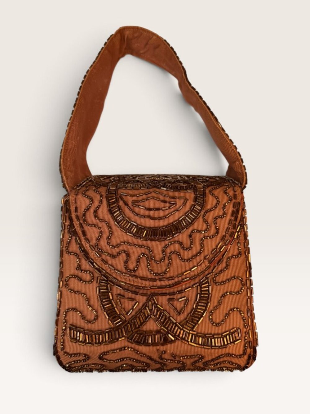 Vintage 60s Beaded Box Bag Milk Chocolate Brown Copper Bronze Bugle Beads Purse